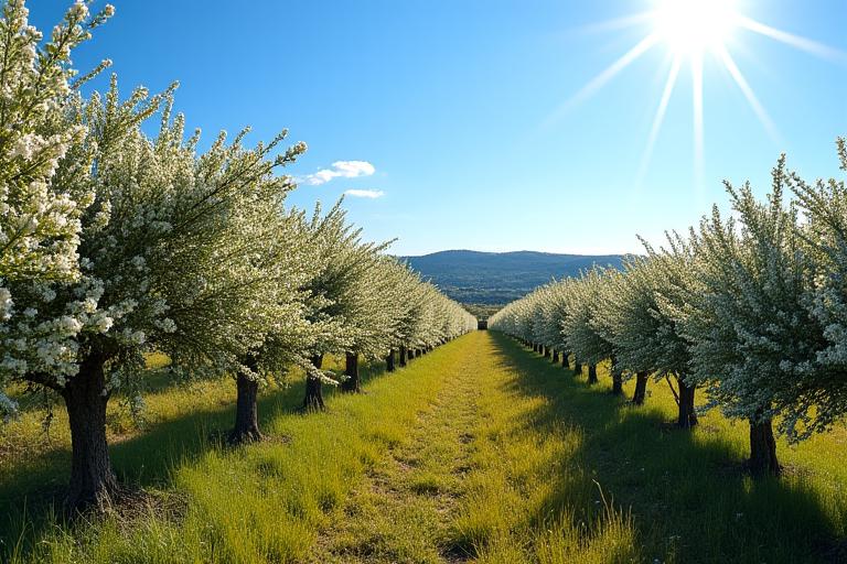 Verger d'amandiers en fleurs en Provence sous un ciel bleu
