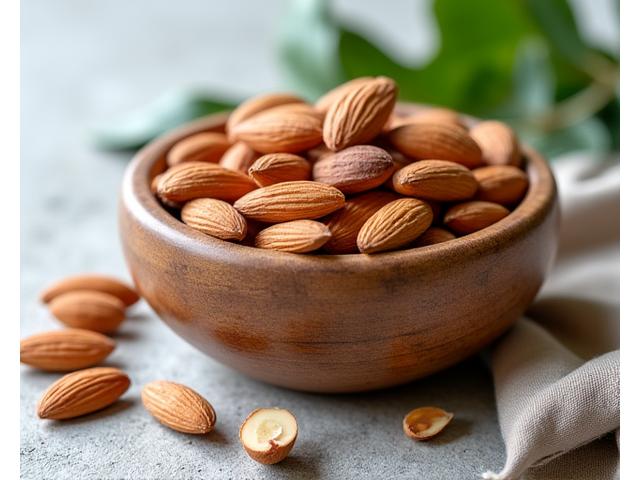 Amandes biologiques entières dans un bol en bois