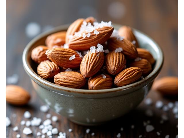Bol d'amandes grillées salées avec des grains de sel de Camargue
